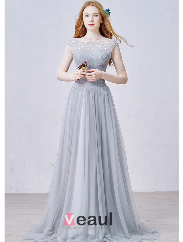2015 A-line Lace Square Neckline Beading Ruffle Grey Tulle Evening Dress