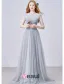 2015 A-line Lace Square Neckline Beading Ruffle Grey Tulle Evening Dress
