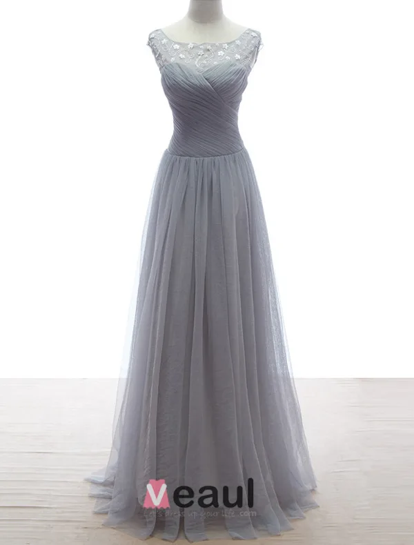 2015 A-line Lace Square Neckline Beading Ruffle Grey Tulle Evening Dress