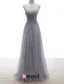 2015 A-line Lace Square Neckline Beading Ruffle Grey Tulle Evening Dress