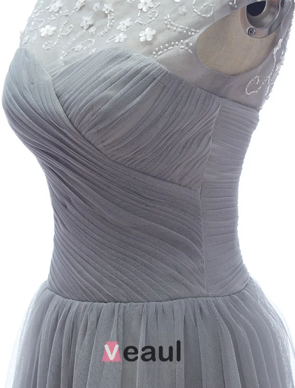 2015 A-line Lace Square Neckline Beading Ruffle Grey Tulle Evening Dress