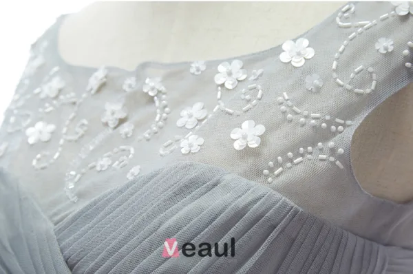 2015 A-line Lace Square Neckline Beading Ruffle Grey Tulle Evening Dress