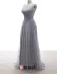 2015 A-line Lace Square Neckline Beading Ruffle Grey Tulle Evening Dress