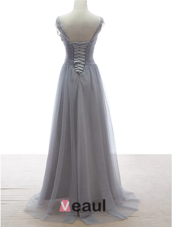 2015 A-line Lace Square Neckline Beading Ruffle Grey Tulle Evening Dress