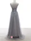 2015 A-line Lace Square Neckline Beading Ruffle Grey Tulle Evening Dress