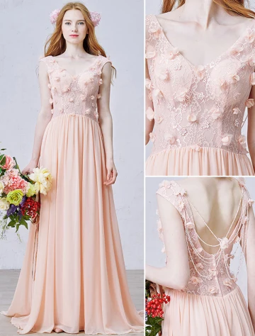 A Ligne Percé À La Main Des Fleurs De Dentelle Sans Dossier Perle Robe De Soirée En Mousseline De Soie Rose
