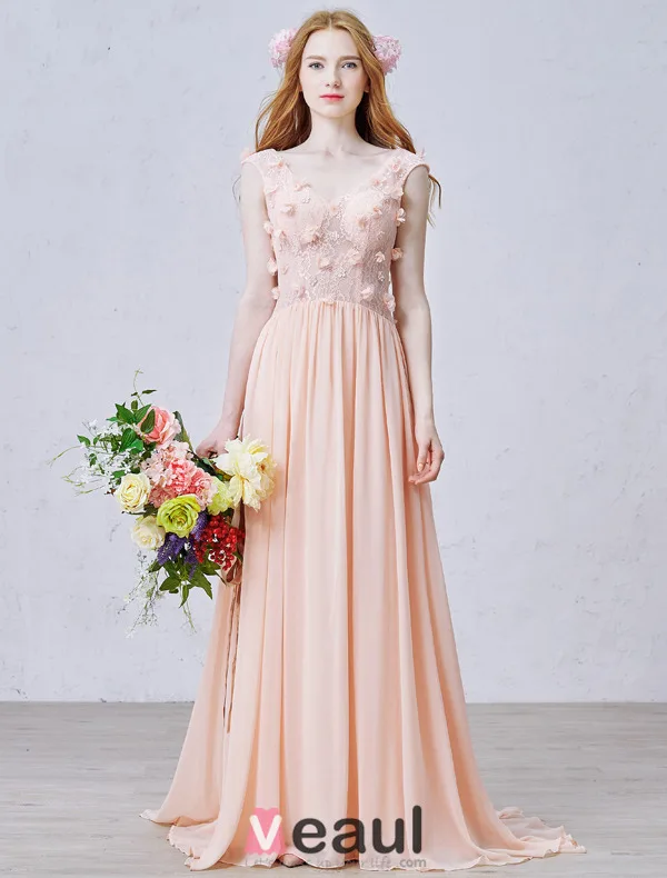 A-ligne Percé À La Main Des Fleurs De Dentelle Sans Dossier Perle Robe De Soirée En Mousseline De Soie Rose
