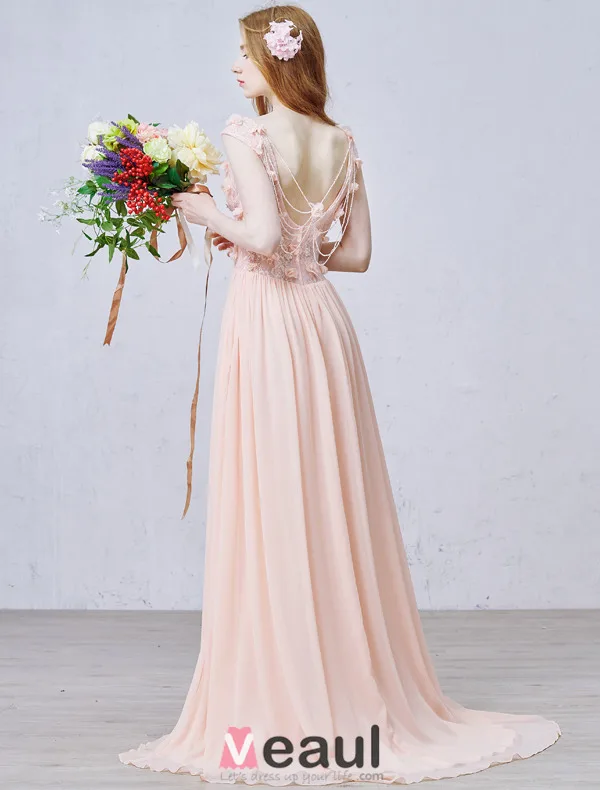 A-ligne Percé À La Main Des Fleurs De Dentelle Sans Dossier Perle Robe De Soirée En Mousseline De Soie Rose
