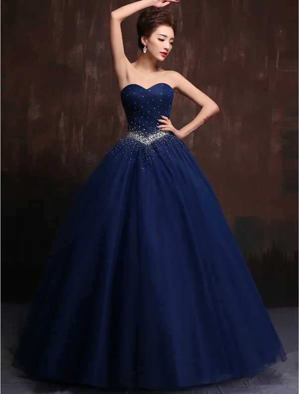 Glitter Sweetheart Beading Rhinestones Ruffles Tulle Royal Blue Prom Dress