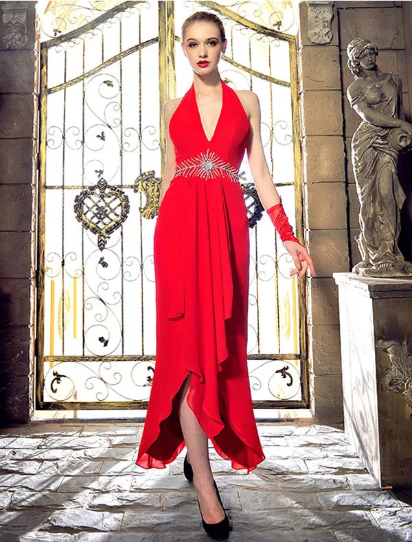 Fashion Halter V-neck Beading Rhinestone Crystal Backless Red Chiffon Evening Dress