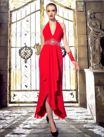 Licou De La Mode V Cou Perles Strass Cristal Backless Robe De Soirée En Mousseline De Soie Rouge