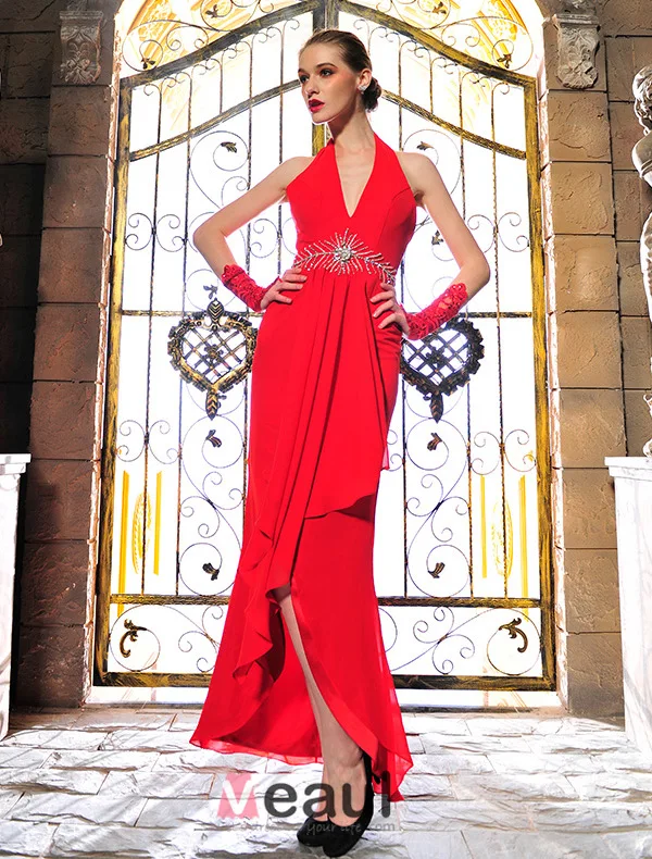 Mode Grimma V-ringad Beading Rhinestonekristallen Backless Röd Chiffong Aftonklänning