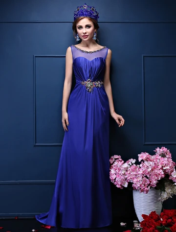 Glitter A Line Square Neckline Beading Crystal Sash Ruffle Royal Blue Satin Evening Dress