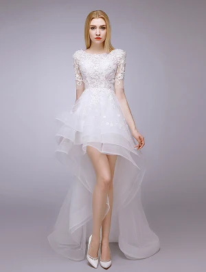2015 A Line Square Neckline Beading Lace Summer Short Asymmetrical Wedding Dress