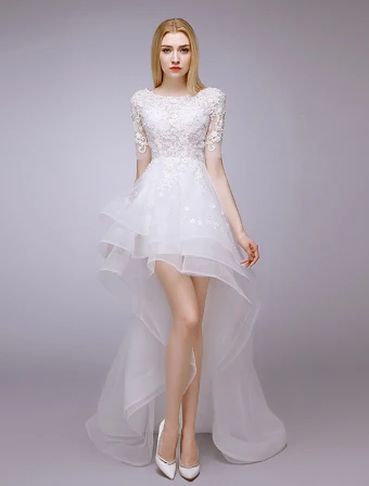 2015 A Line Square Neckline Beading Lace Summer Short Asymmetrical Wedding Dress