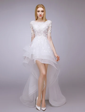 2015 A Line Square Neckline Beading Lace Summer Short Asymmetrical Wedding Dress