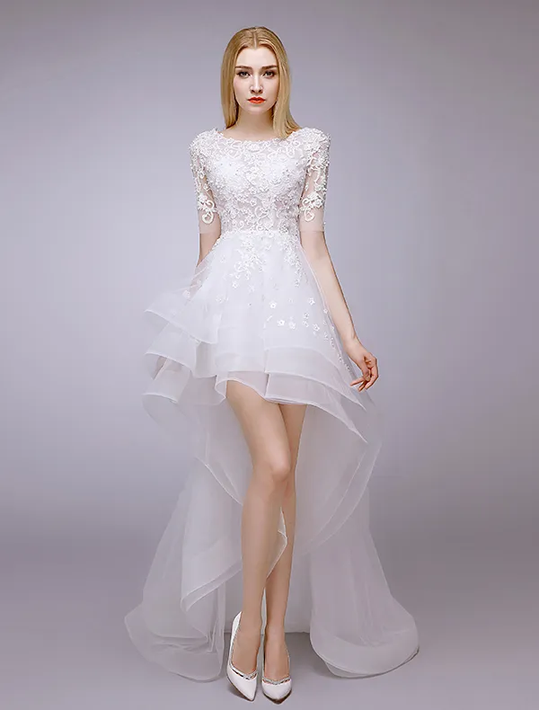 2015 A-linie Quadratischen Ausschnitt Sicke & Spitze Sommer Asymmetrischen Kurz Brautkleider Hochzeitskleid