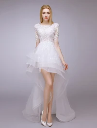 2015 A-ligne Encolure Carrée Perles Et Dentelles Été Courte Robe De Mariée Asymétrique