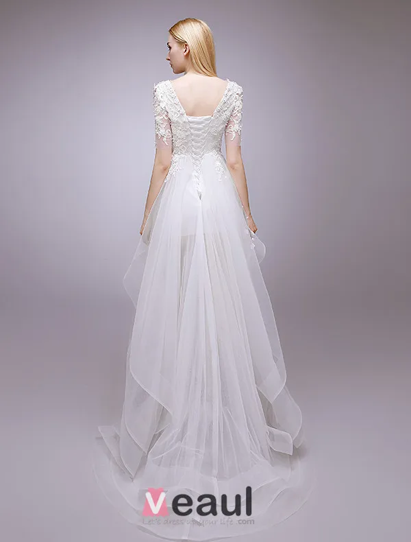 2015 A-line Square Neckline Beading & Lace Summer Short Asymmetrical Wedding Dress