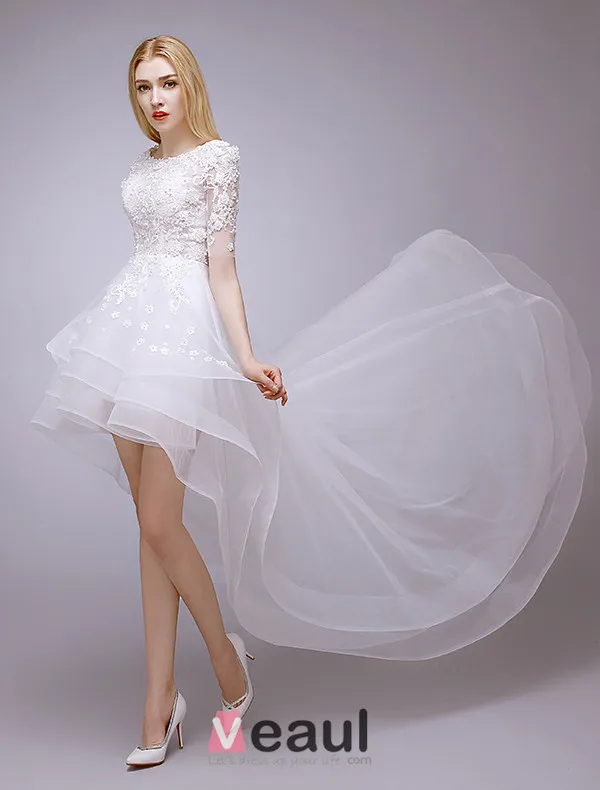 2015 A-line Square Neckline Beading & Lace Summer Short Asymmetrical Wedding Dress