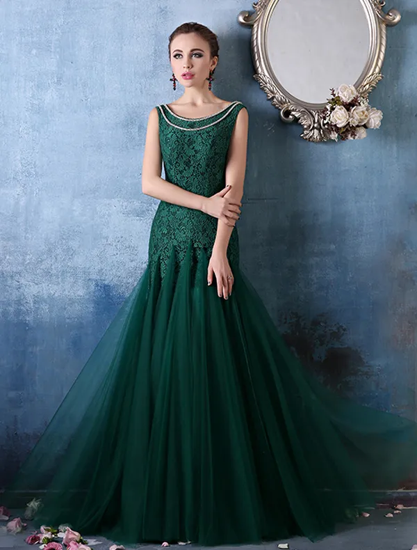Glamorous Square Neckline With Metal Chain Green Lace Organza Evening Dress