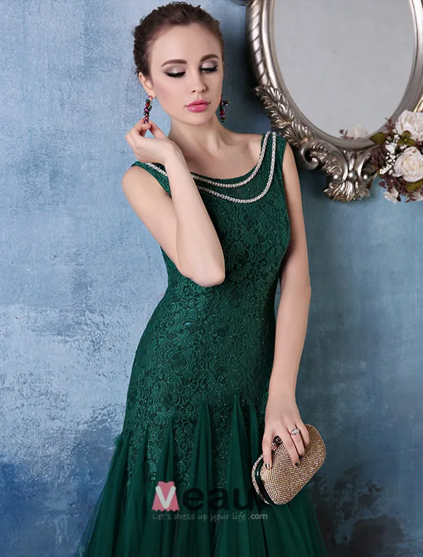 Glamorous Quadratischen Ausschnitt Mit Metallkette Grüne Spitze Organza Abendkleid