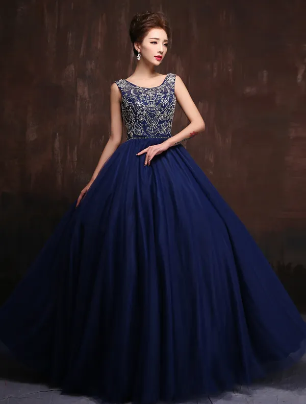 Luxury Scoop Neck Beading Rhinestone Crystal Royal Blue Tulle Prom Dress