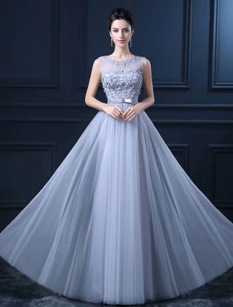 A Line Scoop Neck Backless Beading Flowers Sash Tulle Graduation Dress Homecoming Dress