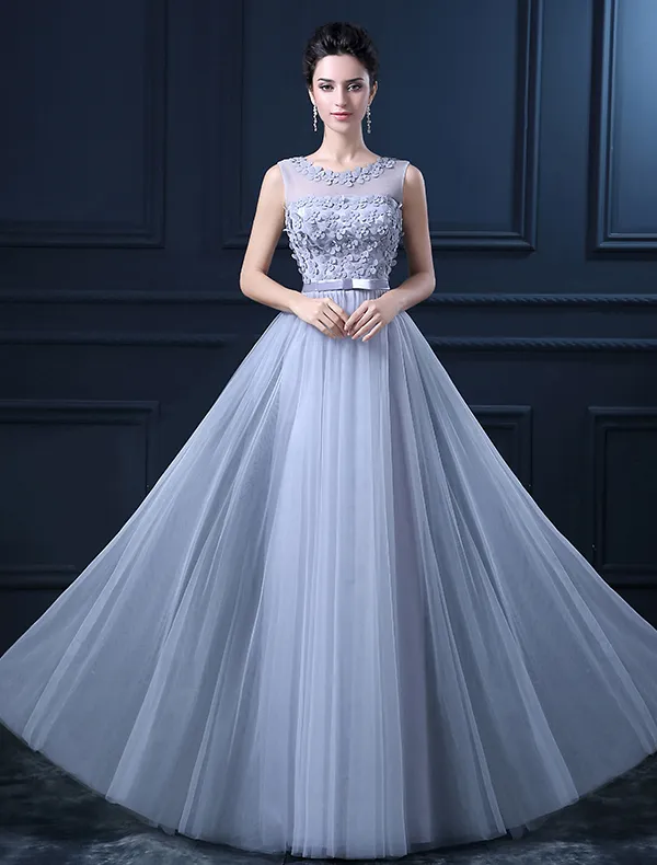 A-line Scoop Neck Backless Beading Flowers Sash Tulle Graduation Dress / Homecoming Dress