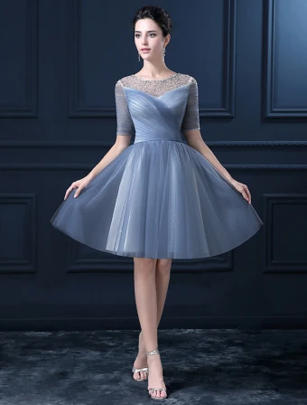 A Ligne 1 2 Manches Perles Paillettes Longueur Genou Organza Volants Robe De Fete