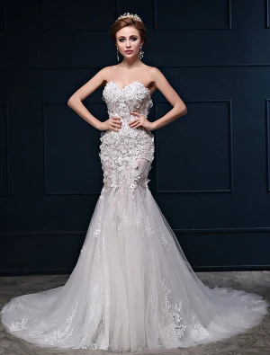 Sweetheart Sirène Sexy Fleurs En Dentelle Décolleté Manches Robe De Mariage De Fuite