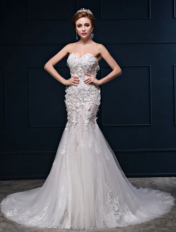 Sexy Havfrue Kjæreste Halsen Ermeløs Blonder Blomster Følgende Brudekjoler