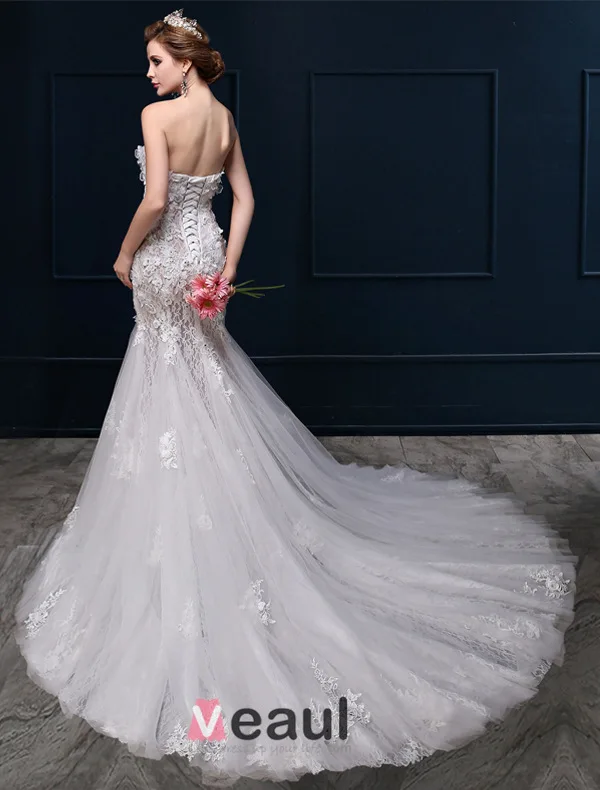 Sweetheart Sirène Sexy Fleurs En Dentelle Décolleté Manches Robe De Mariage De Fuite
