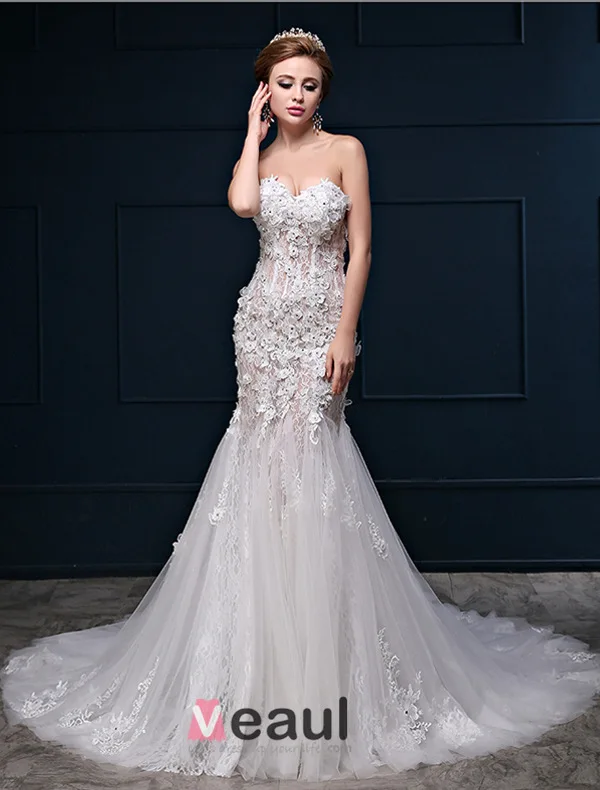 Sweetheart Sirène Sexy Fleurs En Dentelle Décolleté Manches Robe De Mariage De Fuite