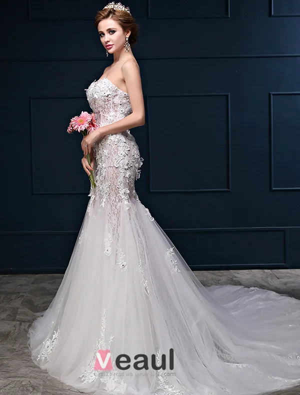 Sweetheart Sirène Sexy Fleurs En Dentelle Décolleté Manches Robe De Mariage De Fuite