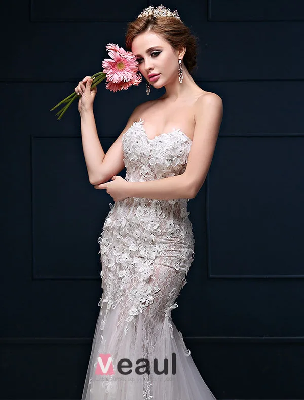 Sweetheart Sirène Sexy Fleurs En Dentelle Décolleté Manches Robe De Mariage De Fuite