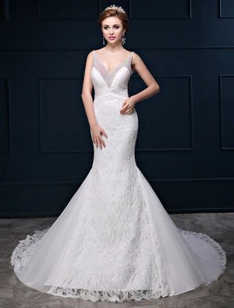 Glitter Sirène Col V Profond Backless Perles Paillettes Robe De Mariée En Dentelle