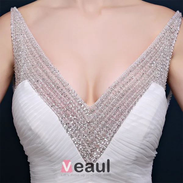 Glitter Havfrue Dyp V-hals Ryggløse Beading Paljett Blonder Brudekjole