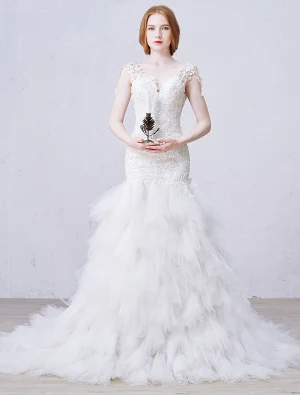 Sirène V Cou Imprenable Volants Dos Nu En Cascade Fuite Longue Robe De Mariée En Dentelle