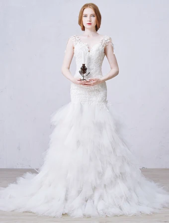 Sirène V Cou Imprenable Volants Dos Nu En Cascade Fuite Longue Robe De Mariée En Dentelle