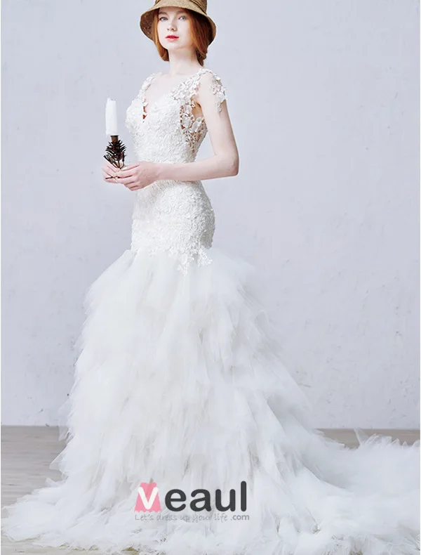 Sirène V-cou Imprenable Volants Dos Nu En Cascade Fuite Longue Robe De Mariée En Dentelle