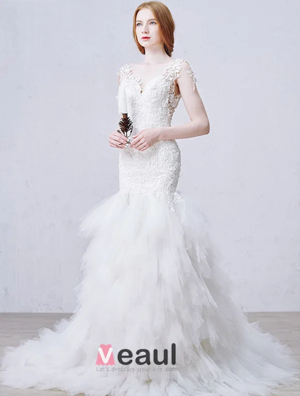 Sirène V-cou Imprenable Volants Dos Nu En Cascade Fuite Longue Robe De Mariée En Dentelle
