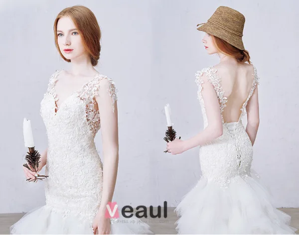Sirène V-cou Imprenable Volants Dos Nu En Cascade Fuite Longue Robe De Mariée En Dentelle