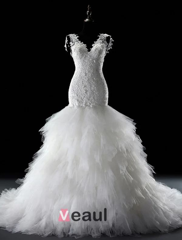 Sirène V-cou Imprenable Volants Dos Nu En Cascade Fuite Longue Robe De Mariée En Dentelle
