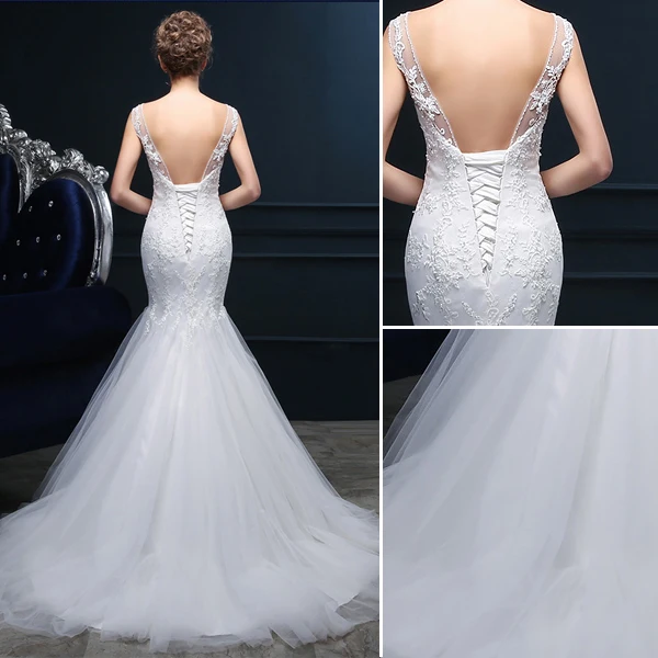 Mermaid Square Neckline Backless Lace Tulle Wedding Dress