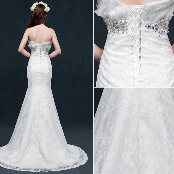 Mermaid Strapless Backless Beading Crystal Ruffles Lace Wedding Dress