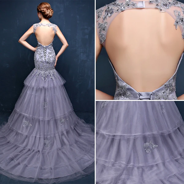 Gorgeous Mermaid Square Neckline Sleeveless Backless Appliques Lace Grey Evening Dress