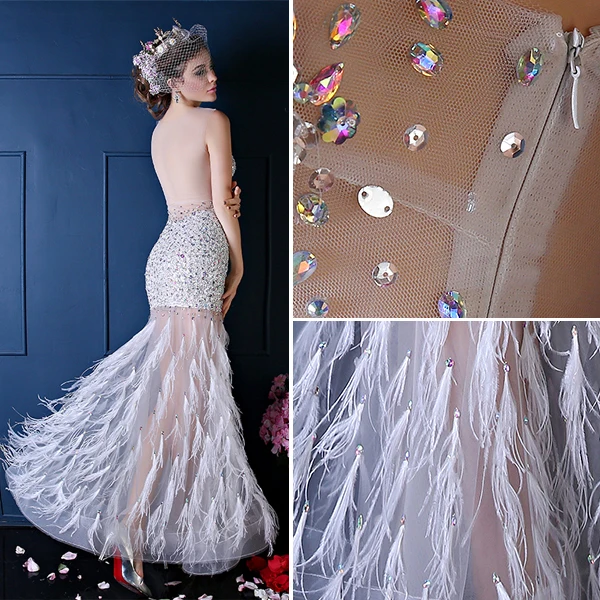 Sexy White Prom Dress Mermaid Transparent Tulle Feather Party Dress With Sequins And Rhinestone