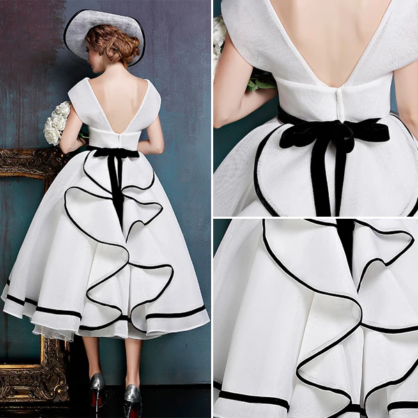 Millésime Simple Robe De Bal Blanc V-cou Backless Robe De Soirée Avec Un Noeud Guillotine