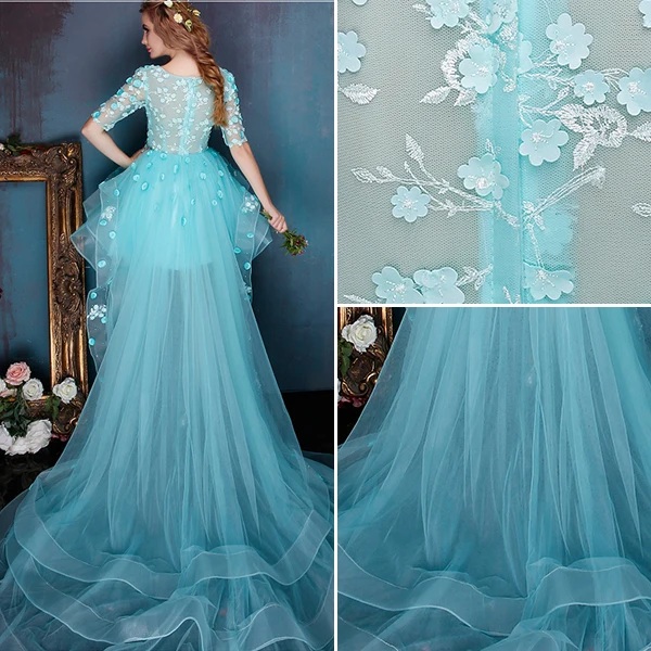 Beautiful Blue Cocktail Dress Flower Scoop Neckline Organza Party Dress With Long Tailing